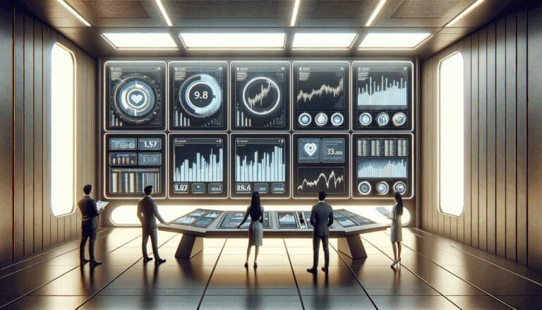 Paneles de control futuristas en una sala de energía, con pantallas mostrando gráficos de datos financieros y personas revisando información.