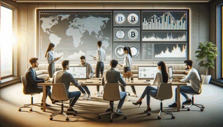 Equipo de jóvenes emprendedores trabajando juntos en una oficina moderna con pantallas que muestran gráficos y criptomonedas.