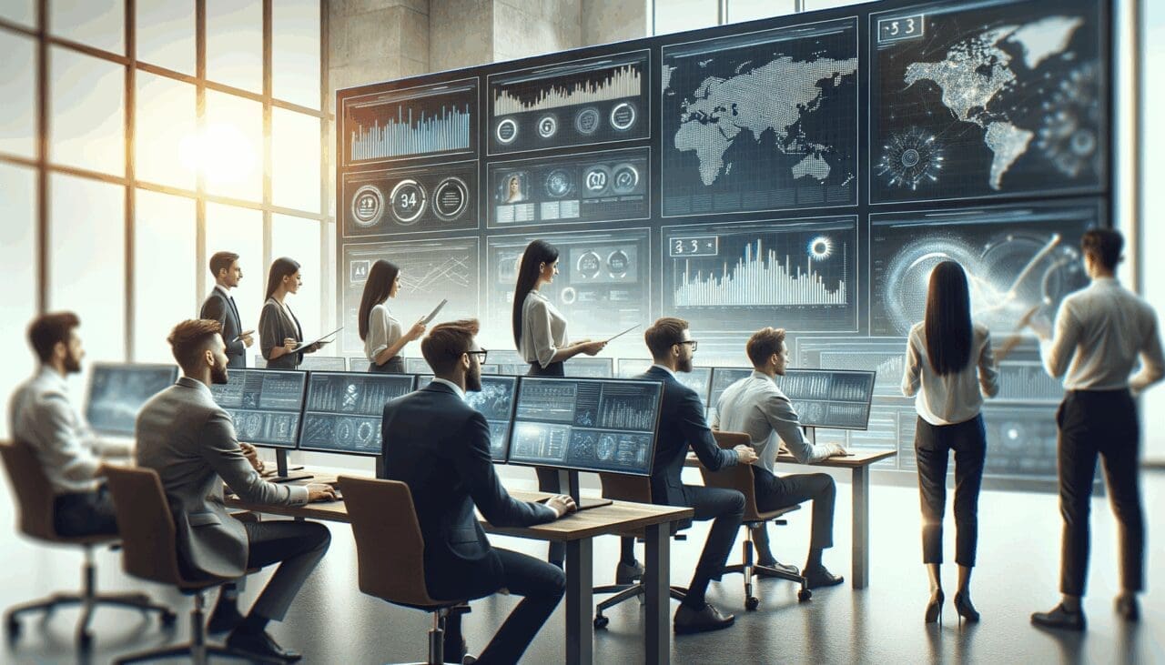 Equipo de trabajo en una oficina moderna, mirando pantallas con gráficos y tecnología, ambiente colaborativo.