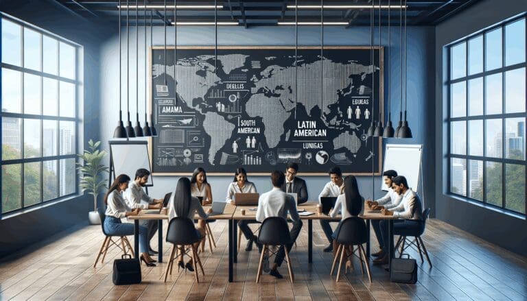 Personas colaborando en una sala de coworking moderna con pizarras electrónicas y laptops, ambiente profesional y latinoamericano.