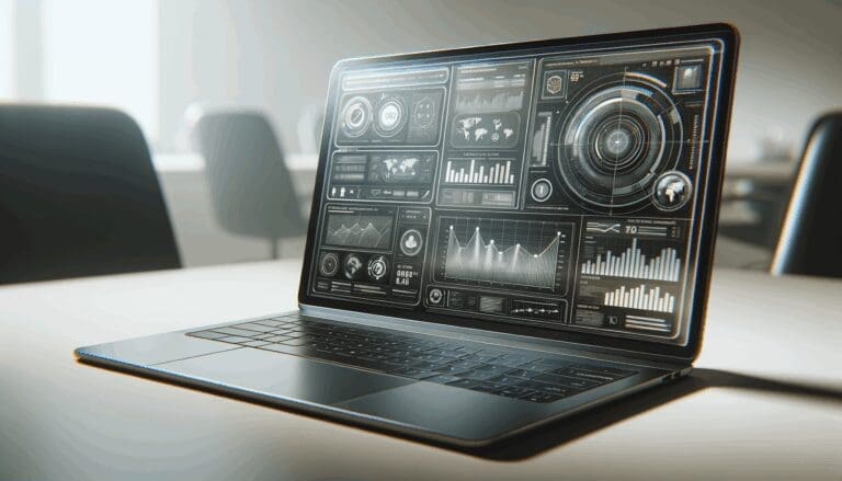 Primer plano de una laptop moderna con gráficos digitales y ventanas emergentes, ambiente de oficina tecnológica.
