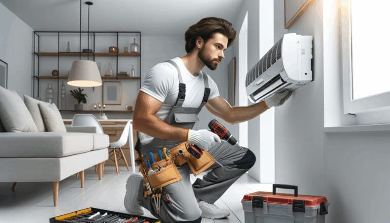 Técnico instalando unidad de climatización en vivienda moderna, con herramientas especializadas y ambiente profesional.