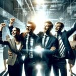 Equipo emprendedor celebrando en un evento de tecnología, luces y ambiente moderno, estilo networking profesional.