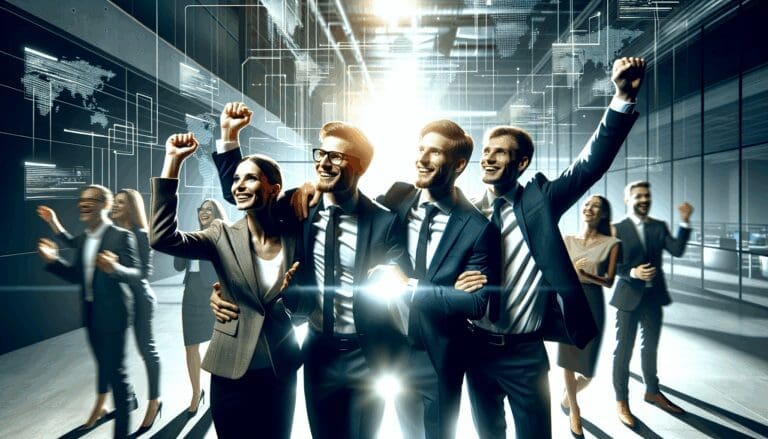 Equipo emprendedor celebrando en un evento de tecnología, luces y ambiente moderno, estilo networking profesional.