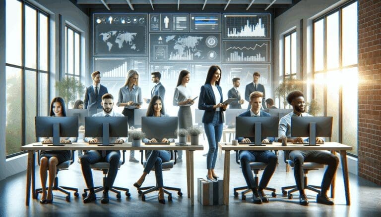 Equipo de emprendedores tecnológicos trabajando frente a pantallas con gráficos de datos en un espacio moderno.