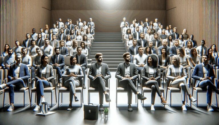 Conferencia de startups con público diverso en un auditorio moderno, enfoque en innovación y tecnología.