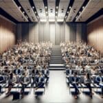 Auditorio moderno con emprendedores y expertos participando en un evento tecnológico.