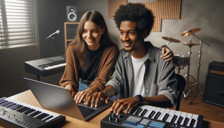 Dos jóvenes emprendedores argentinos usando una laptop en un estudio musical moderno, rodeados de instrumentos y dispositivos digitales.