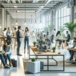 Espacio interior luminoso de una aceleradora de startups con personas conversando en torno a prototipos tecnológicos.