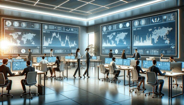 Oficina moderna con equipos trabajando en tecnología financiera y pantallas mostrando gráficos de criptomonedas.