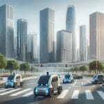 Fotografía de vehículos autónomos circulando frente a rascacielos en una ciudad asiática moderna, con ambiente de innovación tecnológica.
