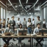 Equipo de jóvenes emprendedores trabajando en una oficina moderna, con pantallas mostrando gráficos y elementos de inteligencia artificial.