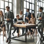 Fotografía de emprendedores y ejecutivos colaborando en un moderno espacio de coworking.