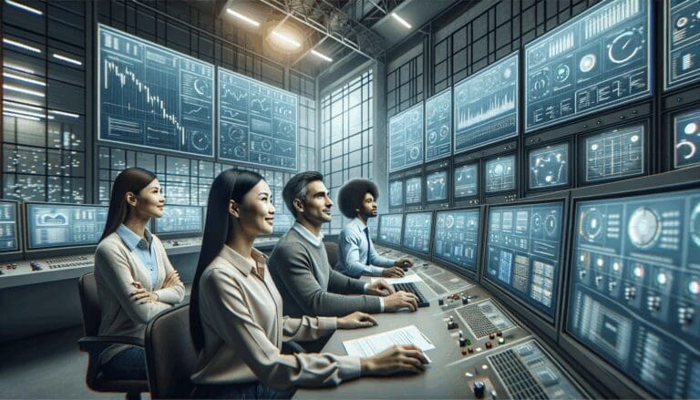 Equipo de ingenieros analizando datos en una sala de control digital con pantallas de gráficos y sensores industriales.