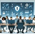 Ilustración de un equipo startup trabajando en una oficina tecnológica con pantallas que muestran gráficos de ciberseguridad.