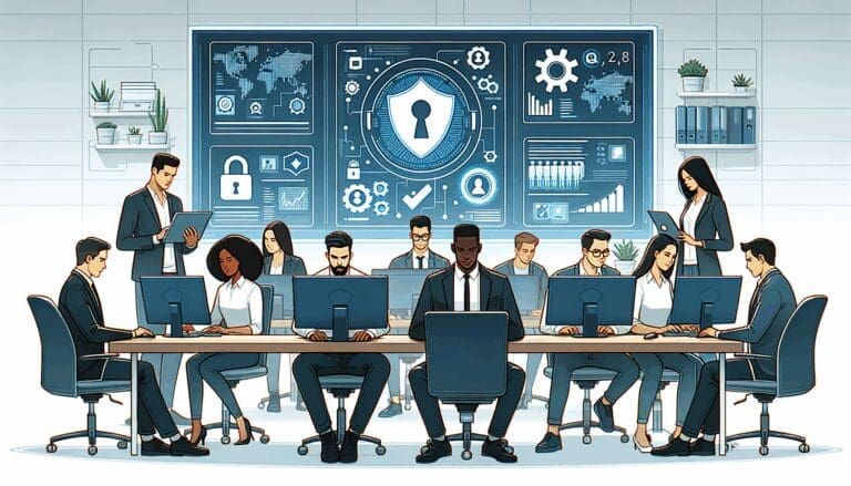 Ilustración de un equipo startup trabajando en una oficina tecnológica con pantallas que muestran gráficos de ciberseguridad.