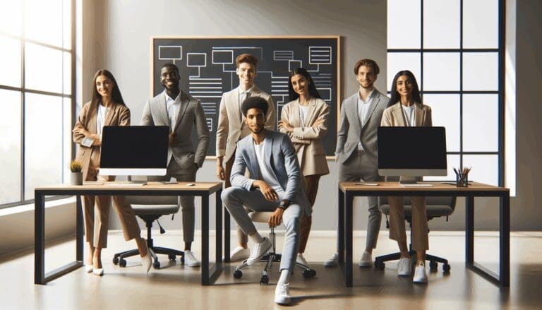 Jóvenes emprendedores trabajando en una oficina moderna con computadoras y pizarras digitales.