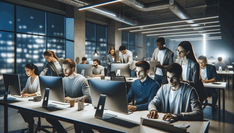 Equipo de jóvenes emprendedores trabajando intensamente frente a computadoras en un espacio de coworking moderno, ambiente nocturno.