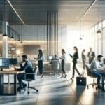 Interior moderno de una startup de tecnología con equipos diversos trabajando en soluciones innovadoras.