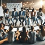 Personas jóvenes colaborando en un espacio de coworking moderno con computadoras portátiles y pizarras blancas.