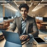 Retrato de una joven emprendedora trabajando en un espacio moderno con portátiles y elementos tecnológicos.