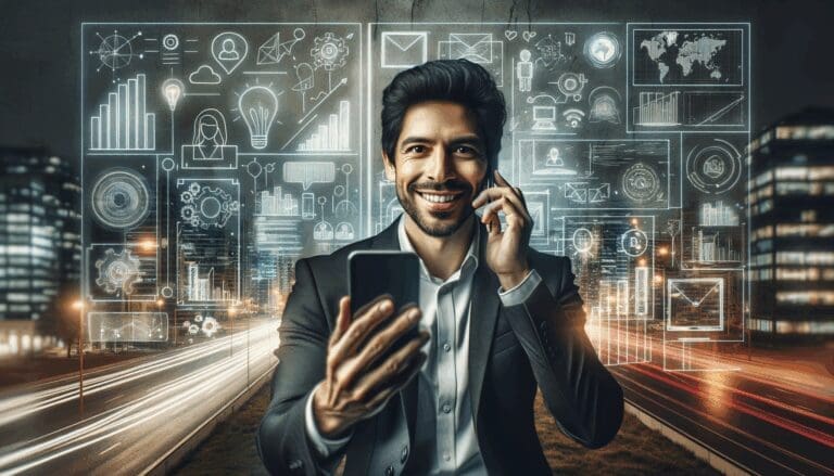 Emprendedor latinoamericano en videollamada, fondo urbano moderno y pizarras con ideas tecnológicas.