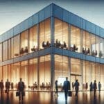 Edificio moderno de oficinas iluminado al atardecer con personas colaborando y pantallas digitales visibles.