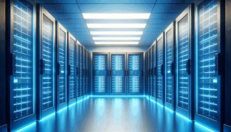 Sala de servidores con iluminación azul