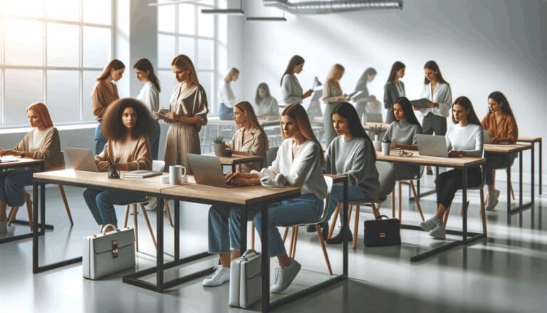 Retrato grupal de emprendedoras tecnológicas trabajando en un espacio de coworking moderno.