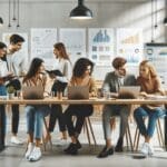 Emprendedores jóvenes colaborando en un espacio coworking moderno, laptops y pizarras con gráficos visibles.