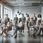 Oficinas modernas con emprendedores colaborando en equipo