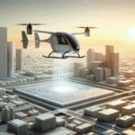Render tecnológico de un taxi aéreo eléctrico sobrevolando una ciudad moderna al atardecer.