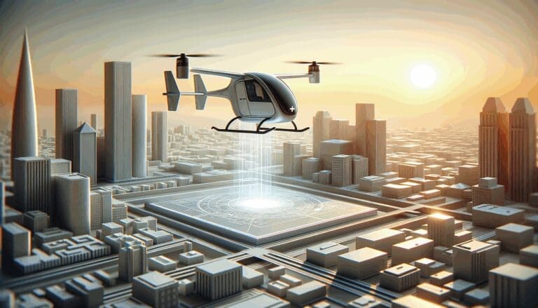 Render tecnológico de un taxi aéreo eléctrico sobrevolando una ciudad moderna al atardecer.