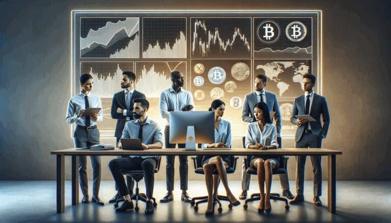 Equipo multicultural en oficina moderna analizando gráficos digitales y criptomonedas en pantalla.