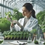Científica revisando cultivos en un invernadero moderno con frascos de laboratorio y plantas verdes.