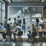 Grupo diverso de emprendedores tecnológicos analizando gráficas en pantalla, entorno moderno de coworking.