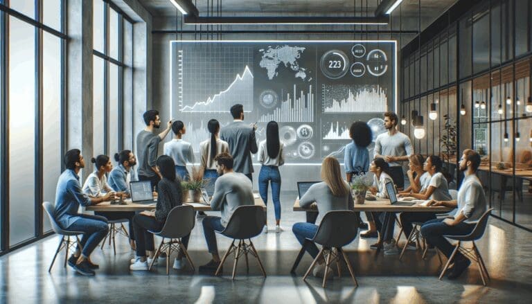 Grupo diverso de emprendedores tecnológicos analizando gráficas en pantalla, entorno moderno de coworking.