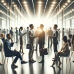 Conferencia tecnológica con emprendedores e inversores interactuando.