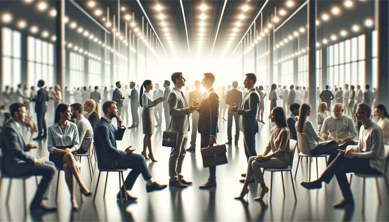 Conferencia tecnológica con emprendedores e inversores interactuando.