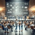 Jóvenes emprendedores interactuando en un auditorio moderno, rodeados de pantallas digitales y ambiente de innovación.