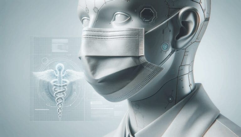 Primer plano de una mascarilla médica moderna sobre fondo blanco, con elementos tecnológicos sutiles.