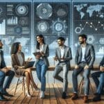 Equipo diverso de emprendedores dialogando frente a pantallas digitales con gráficos financieros y blockchain, en un espacio moderno.