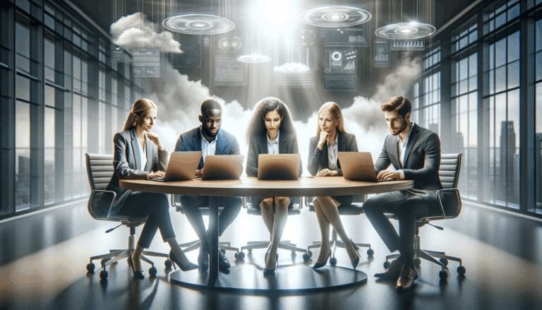 Fotografía de un equipo multicultural trabajando en laptops alrededor de una mesa de oficina moderna, en un entorno tecnológico.