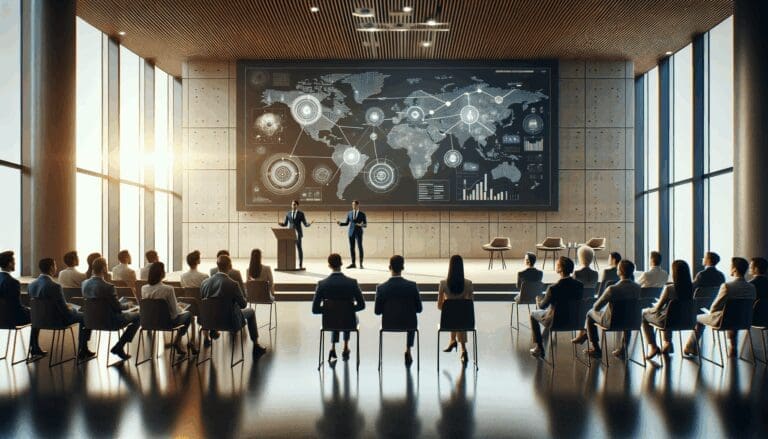 Emprendedores presentando ideas tecnológicas en un auditorio moderno, ambiente innovador y tecnológico.