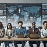 Equipo multicultural trabajando en una oficina moderna con pantallas mostrando datos y algoritmos de inteligencia artificial.