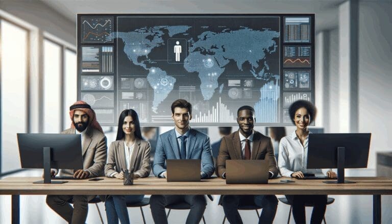 Equipo multicultural trabajando en una oficina moderna con pantallas mostrando datos y algoritmos de inteligencia artificial.