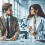 Emprendedores y científicos colaborando en un moderno laboratorio durante un evento de networking.