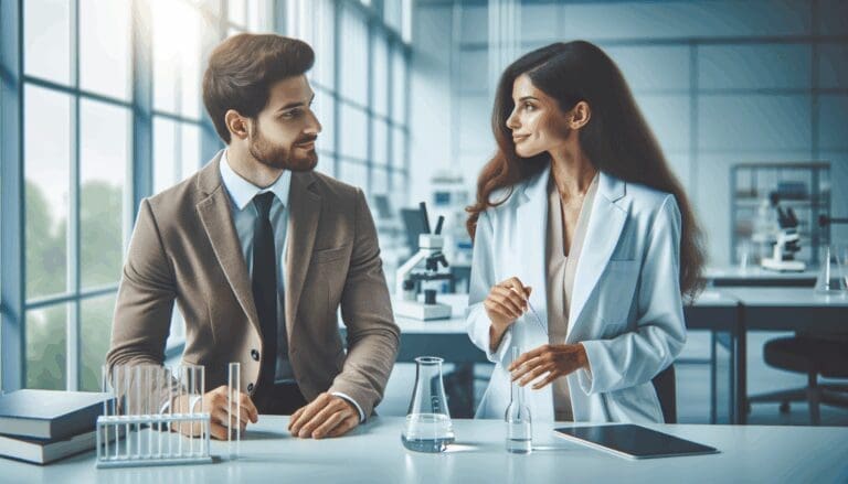 Emprendedores y científicos colaborando en un moderno laboratorio durante un evento de networking.