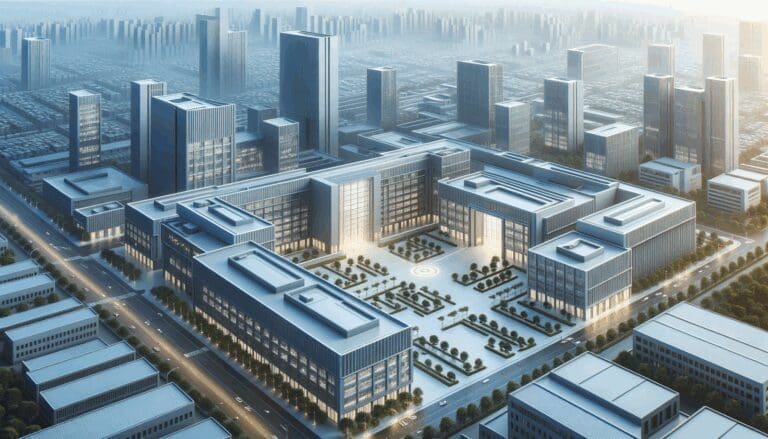 Vista aérea de un campus tecnológico con edificios modernos.