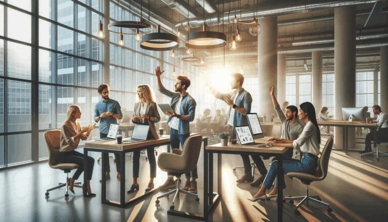 Emprendedores colaborando en un espacio de coworking moderno, rodeados de luz natural y dispositivos tecnológicos.